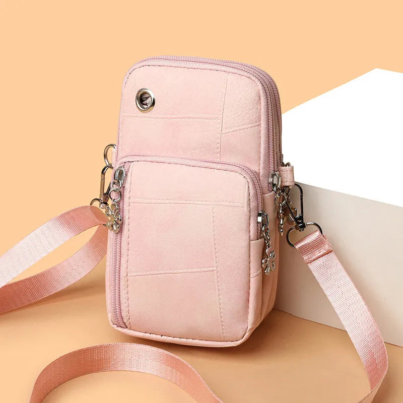 Vertical square PU mobile phone bag in multiple colour options showing sandwich pocket design