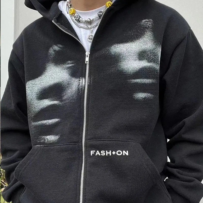 Black Y2K loose fit zip hoodie for men and women, front view, Korean streetwear style