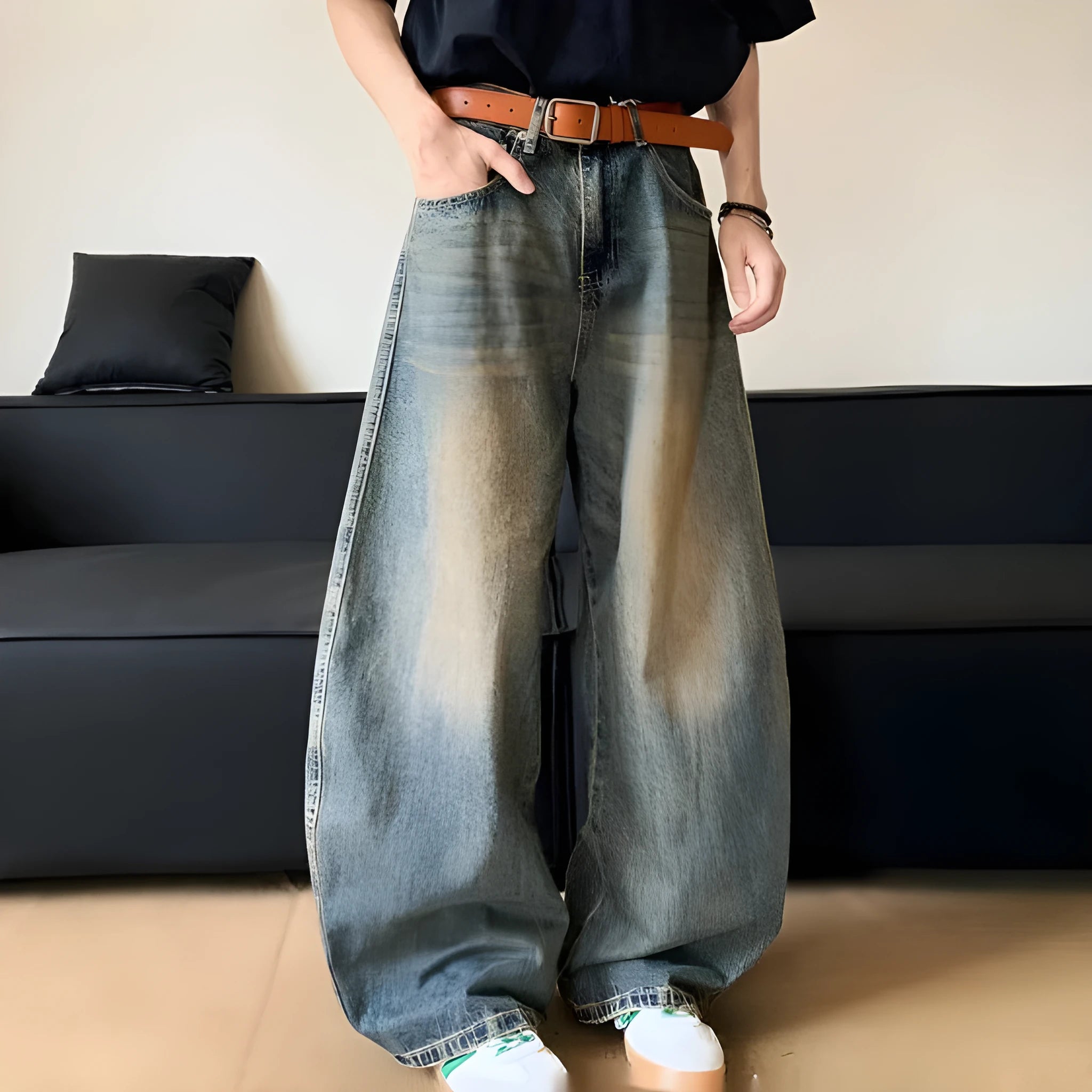 Retro blue distressed men's jeans with wide leg fit and micro elastic cotton blend fabric
