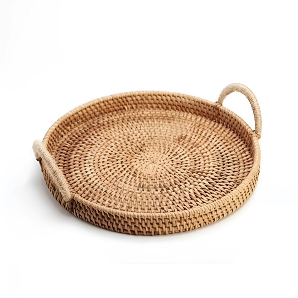 Round handwoven rattan storage basket with wooden handle and fabric lining in three size options.