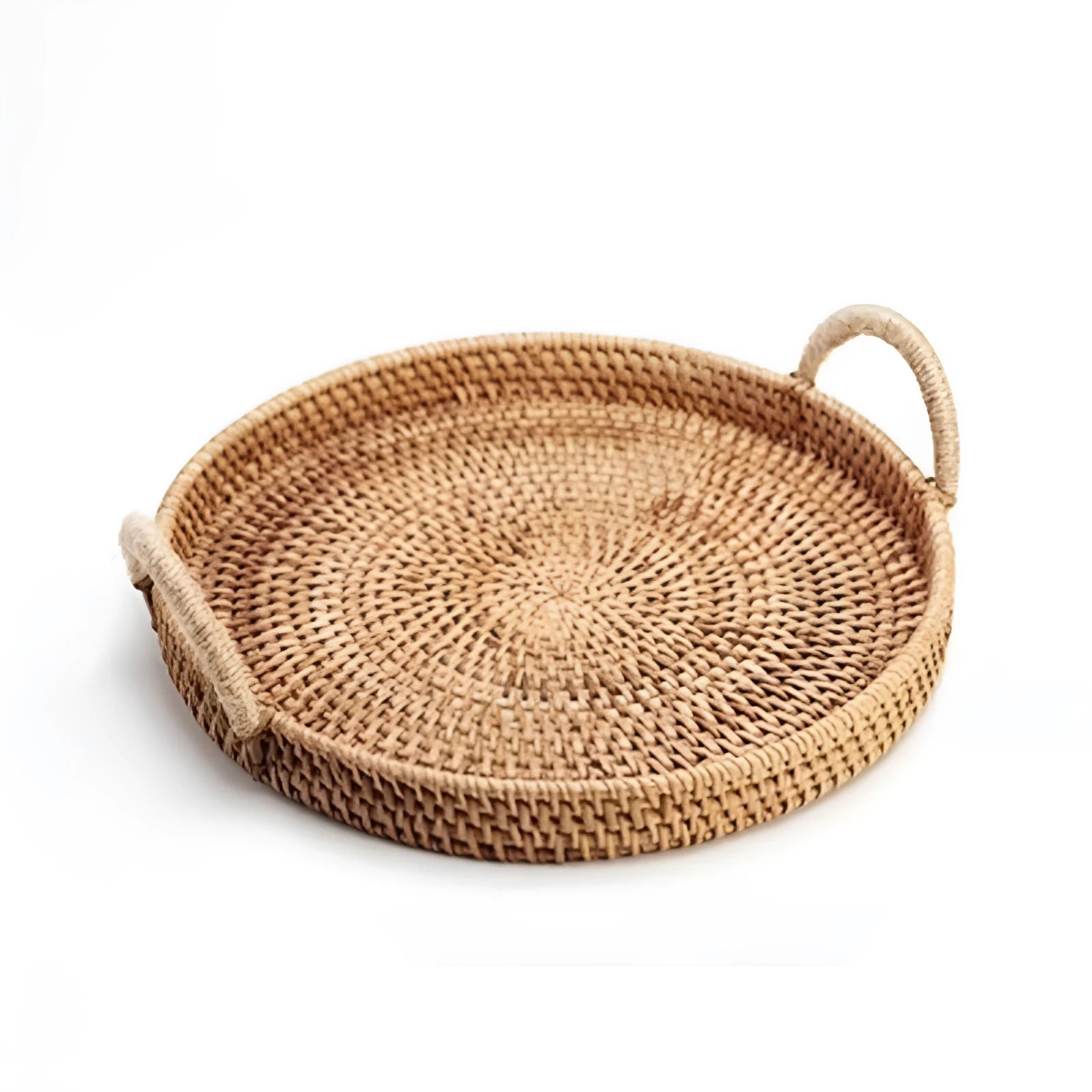 Round handwoven rattan storage basket with wooden handle and fabric lining in three size options.