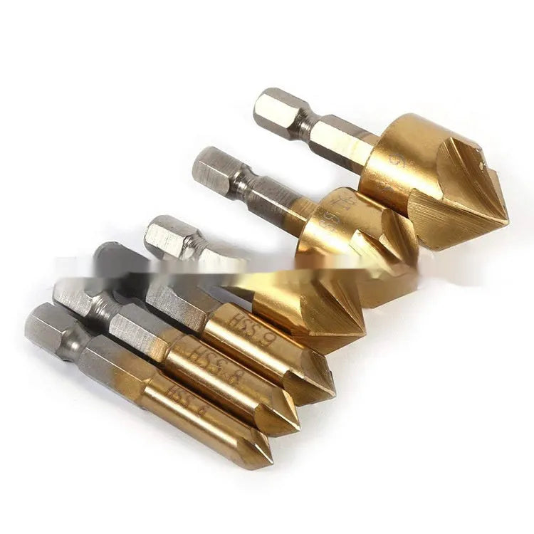 Titanium-plated high carbon steel five-blade chamferer six-piece set for woodworking holes sizes 6-19 mm