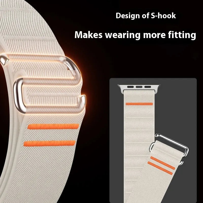 Elastic nylon Apple Watch band with stainless steel buckle shown in Army Green colour.
