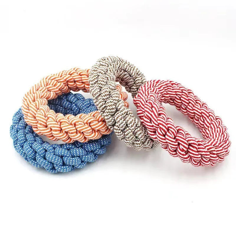 Braided cotton ring pet toy measuring 18cm in diameter