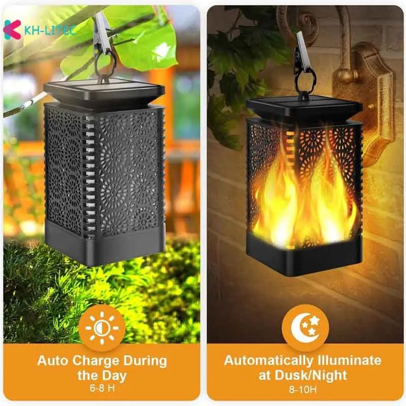 Set of four black solar-powered flame torch lights with flickering LED for outdoor garden decoration