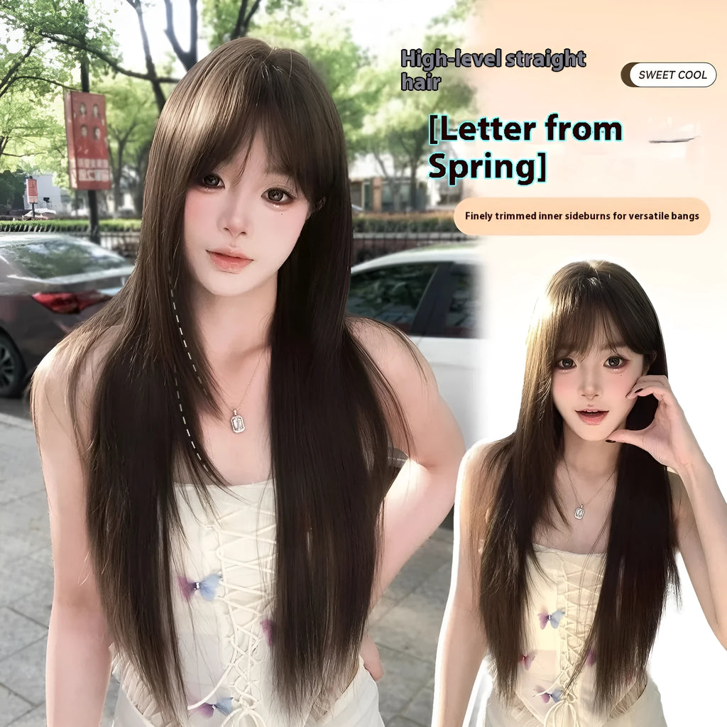 Brown black high-temperature fibre wig with head cover included in seven-piece set
