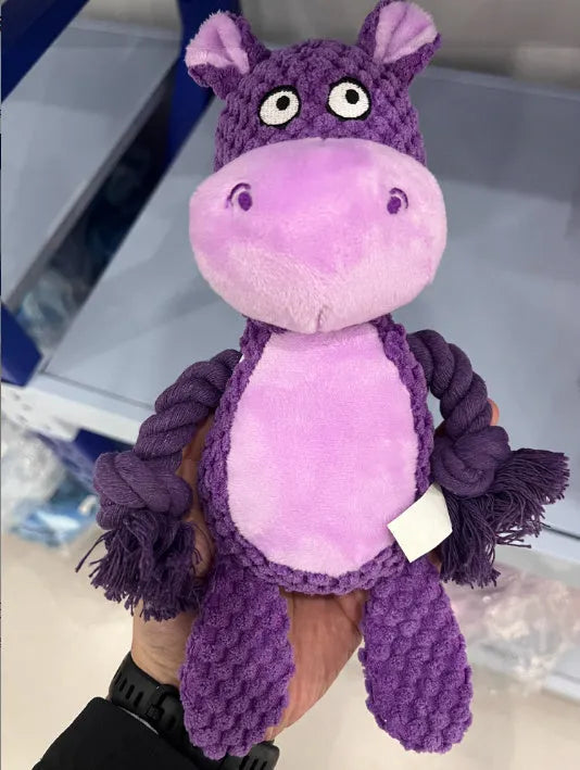 Hippo design plush dog toy with cotton rope and sound feature for interactive tug of war play