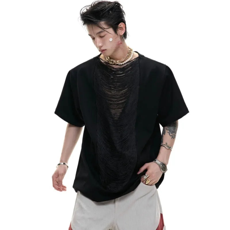 Men's black hollow out V-neck short sleeve loose fit polyester t-shirt on a hanger.