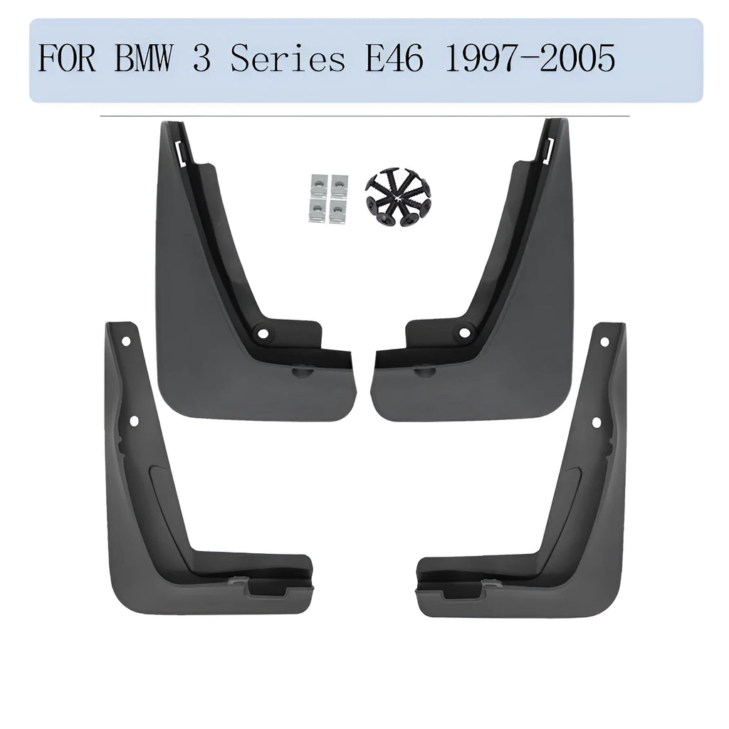 BMW 3 Series E46 black plastic fender splasher set with four mudguards and self-tapping screws