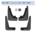 BMW 3 Series E46 black plastic fender splasher set with four mudguards and self-tapping screws