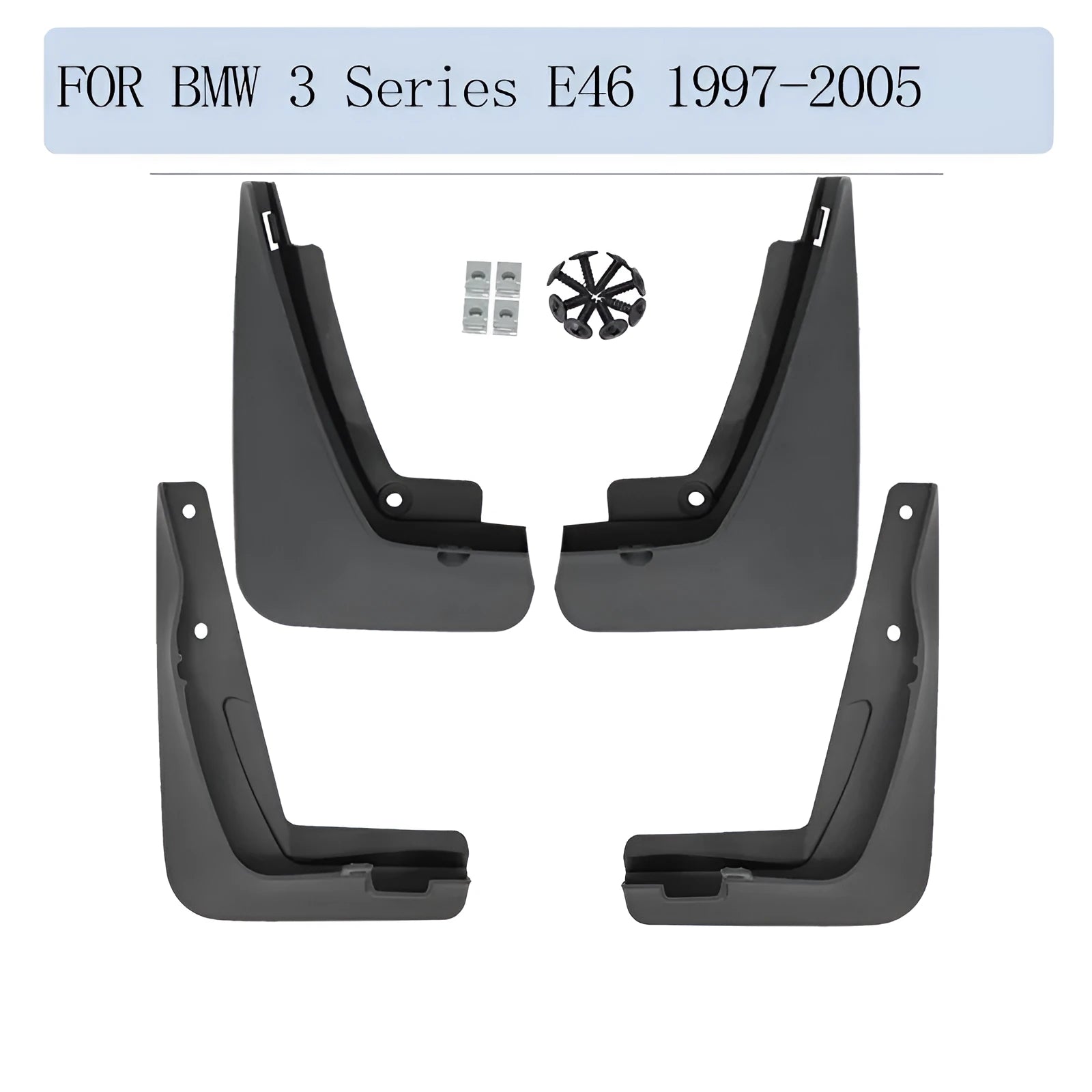 BMW 3 Series E46 black plastic fender splasher set with four mudguards and self-tapping screws