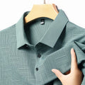 Men's slim fit lapel t-shirt in chemical fibre blend fabric showing lapel neckline detail