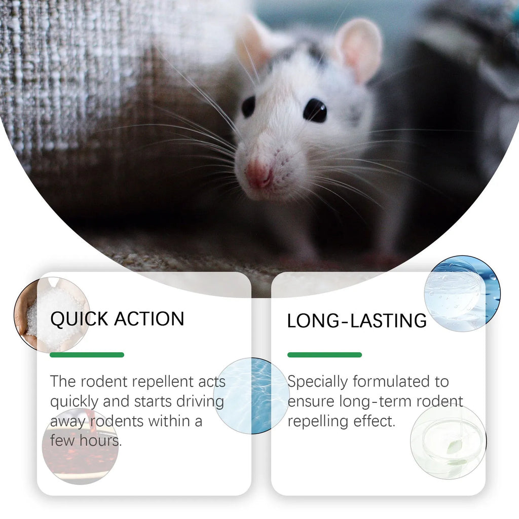 150ml mint-flavoured rodent repellent spray in a clear plastic bottle with a green label and trigger nozzle
