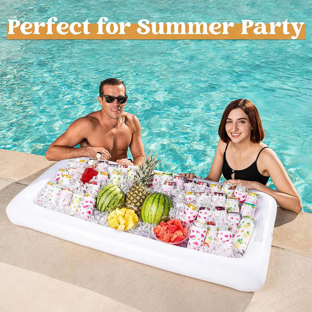 Yellow inflatable ice bar with cup holder and matching beer steins ice bucket setup for a party.