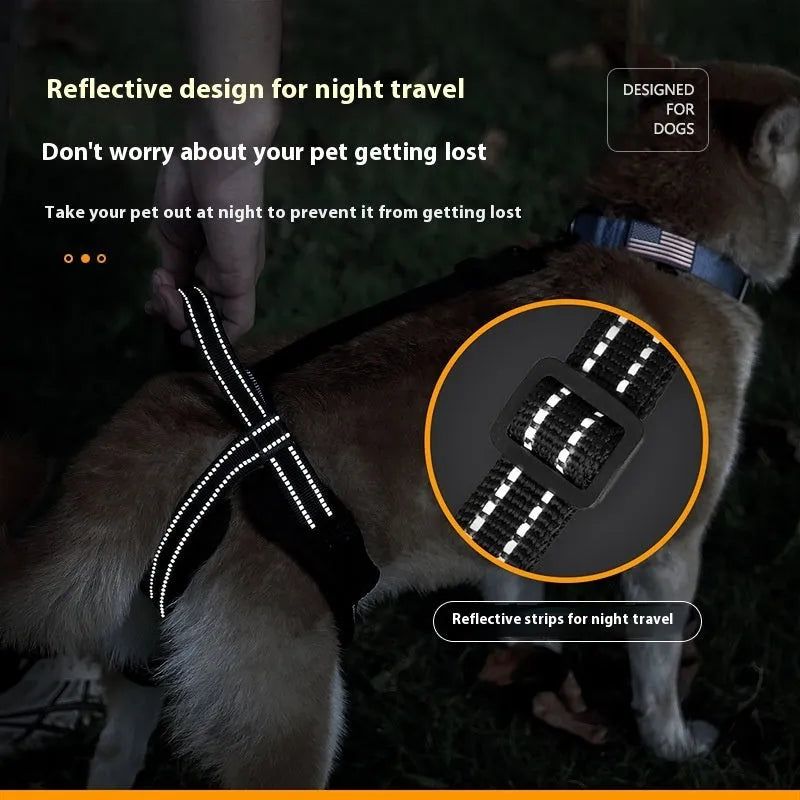 Black polyester pet rehabilitation hind legs auxiliary strap on a flat surface, with size label visible