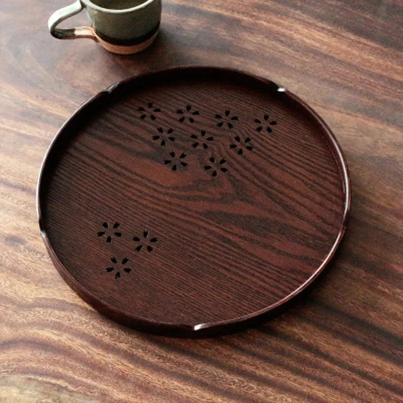 Wooden hollow sakura pattern shallow dessert plate measuring 30cm diameter