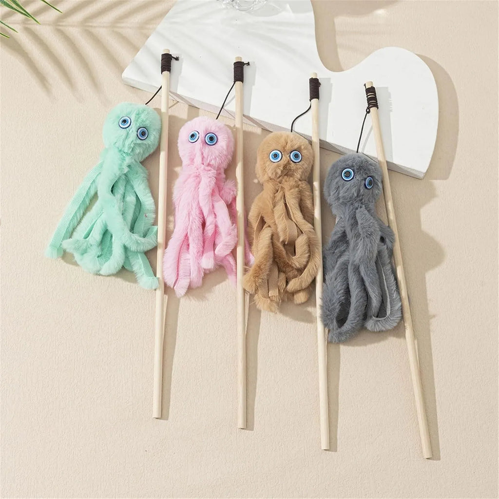 Octopus-themed cat toy with long stick in bright colours for indoor kitten play