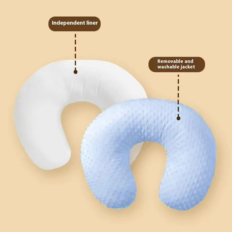 Nursing pillow with removable cover in pink, yellow, gray, and light blue colours