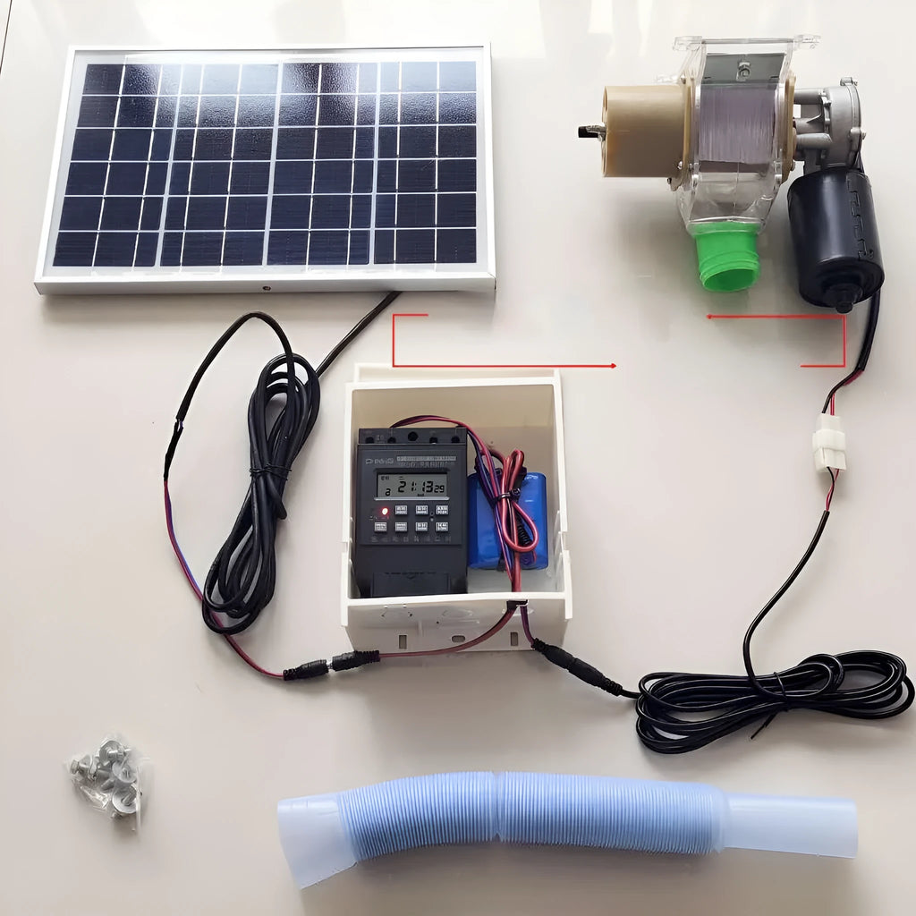 Automatic solar chicken and duck feeding machine with timer display and watertight outdoor housing.