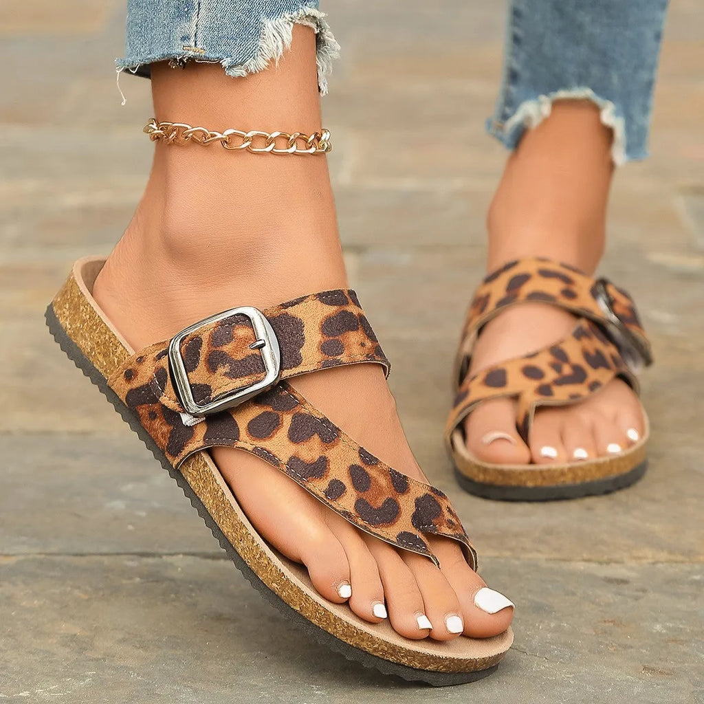 Leopard print Roman style slippers with wooden sole and imitation leather lining in sizes 36 to 43