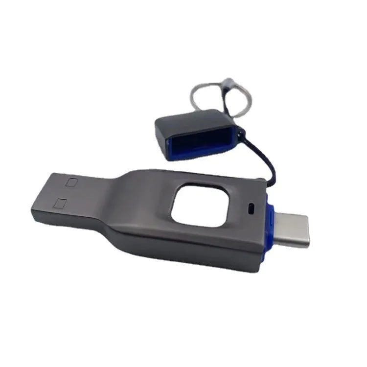 Black fingerprint encrypted USB drive with USB 3.0 and USB-C interfaces showing metal construction