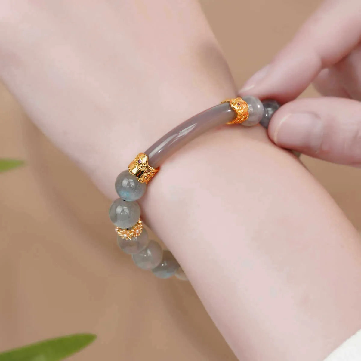 Grey moonstone bracelet for women with 8mm round beads in half-bracelet design