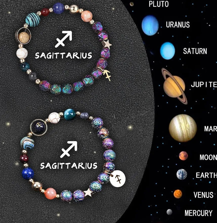 Two natural stone beaded bracelets with zodiac charms on a wrist, showing the adjustable metal clasp.