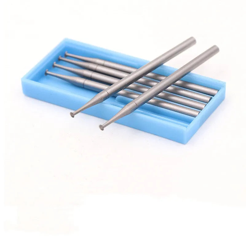 Set of six blue tungsten steel carving cutter grinding heads with thin disc needle profiles for micro-inlay work.