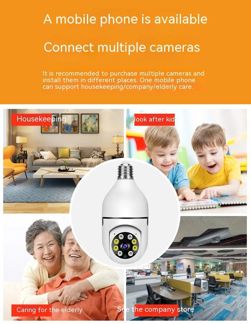 Wireless bulb security camera with plastic and metal construction measuring 5cm by 12cm