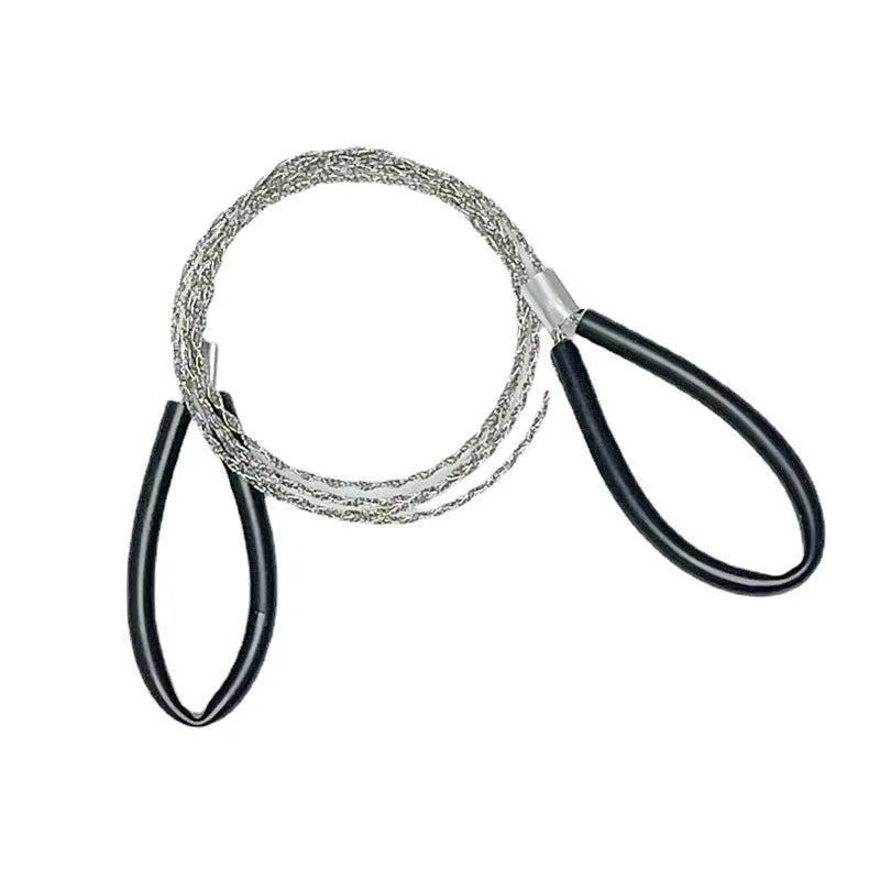 Black and red survival wire saw with leather case, showing coiled stainless steel wire and its compact size.
