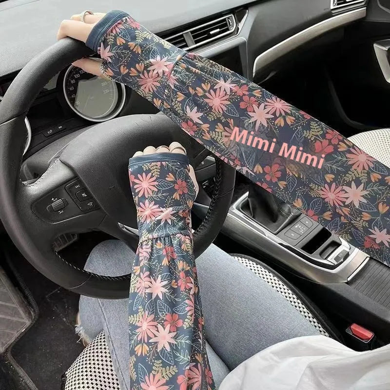 Printed ice silk oversleeve gloves with elbow protection in floral patterns for UV sun defence