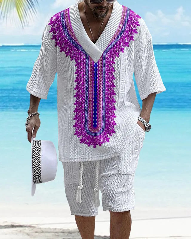 Men's knitted shorts suit set with printed drop-shoulder short sleeve top and matching shorts
