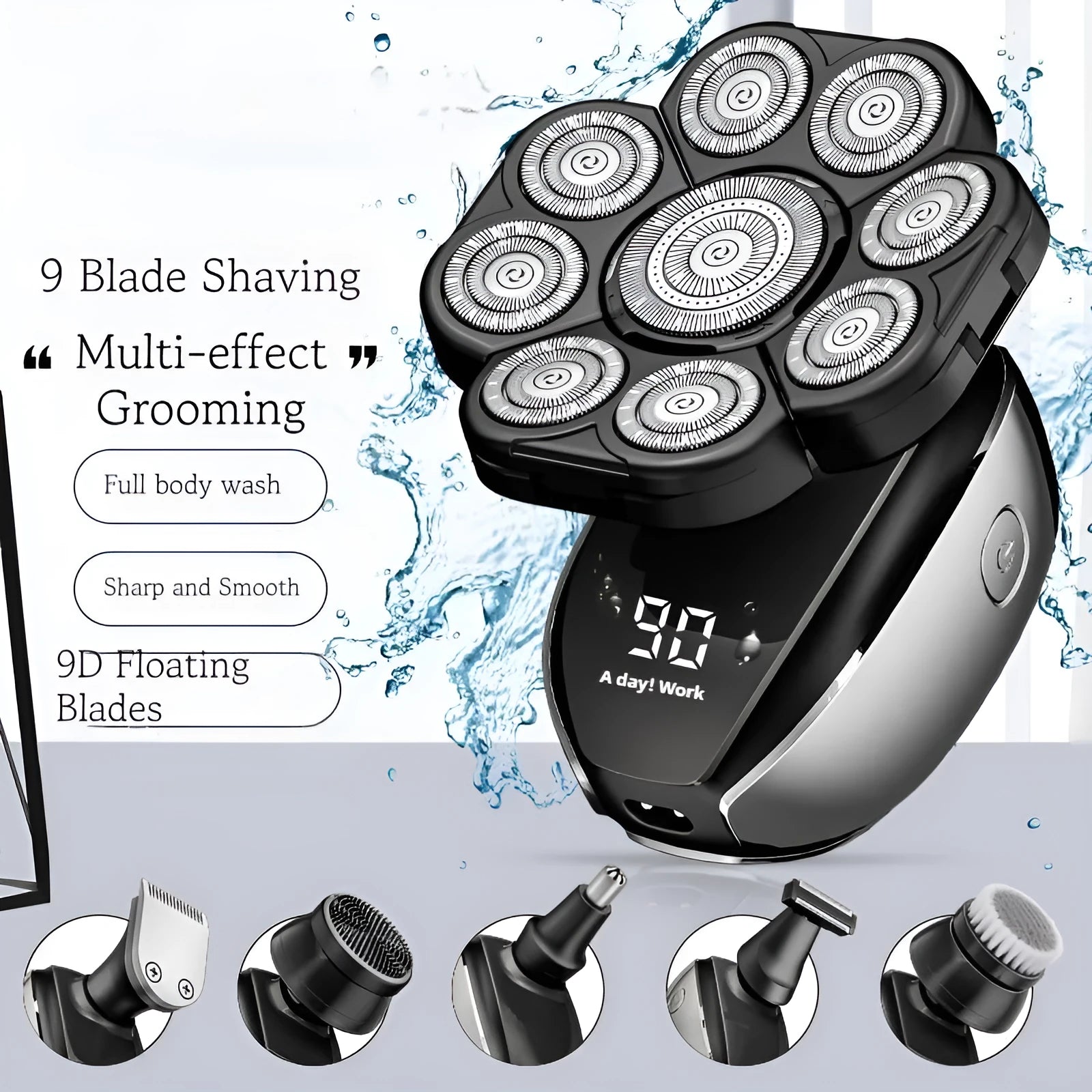 Black 6-in-1 rechargeable hair clipper and shaver grooming kit with multiple attachments laid out.