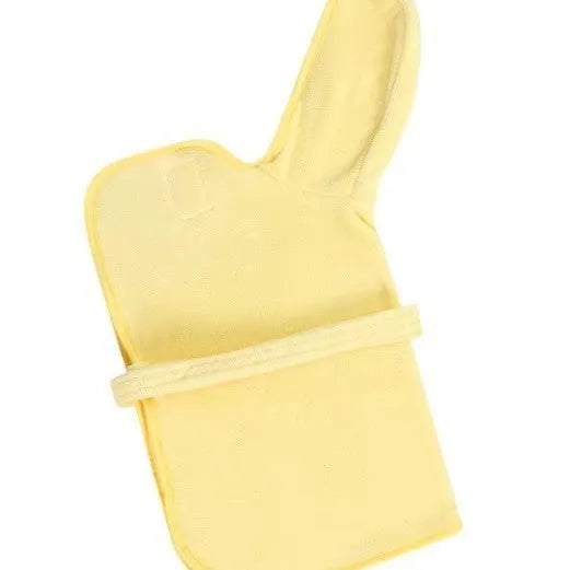 Wearable pet bath towel in thickened coral fleece with edging, shown in blue, yellow, pink, and white, sizes S M L