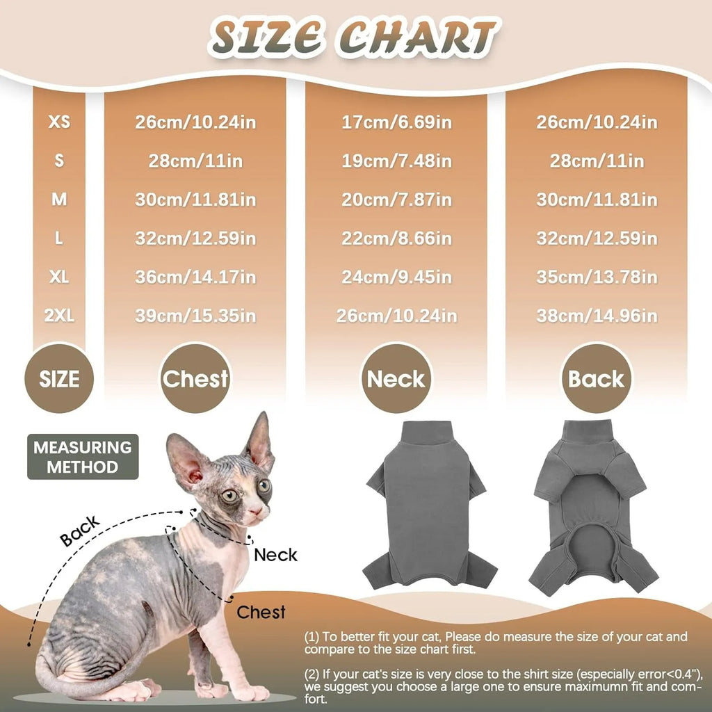 Grey faux fur turtleneck sweater on a hairless Sphynx cat, showing sleeves and leg openings.