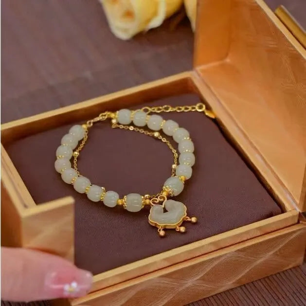 Green women's safety lock bell pendant bracelet with electroplated finish and double-layer construction