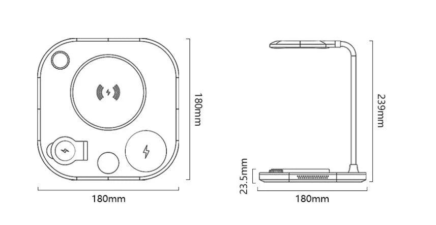 Black wireless magnetic charger with desk lamp showing 15W fast charging capability and Type-C cable