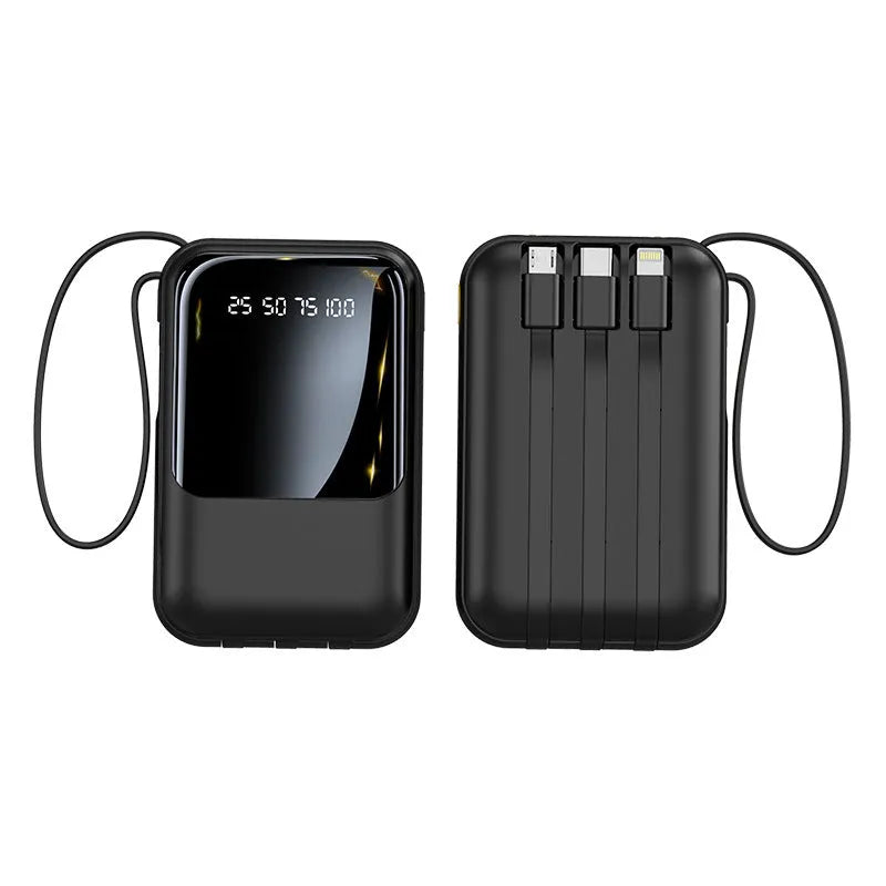 Small super fast charge power bank with cable in black plastic shell, compact size 100x66x27mm