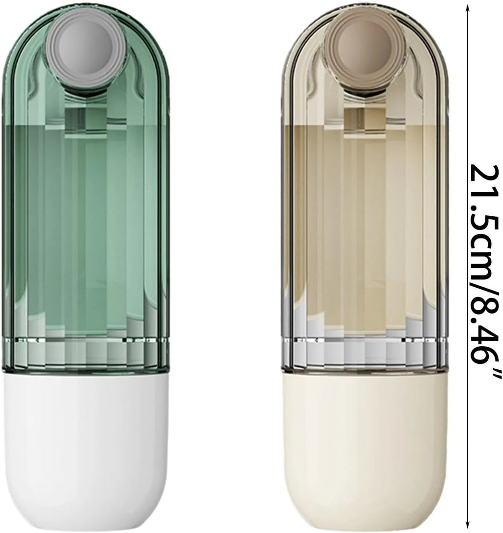 Beige and green portable dog water bottle with food dispenser, shown folded and unfolded.