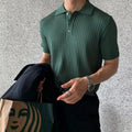 Men's lapel polo shirt, short sleeve, striped, cotton blend, slim fit, summer casual top in black, dark green or brown