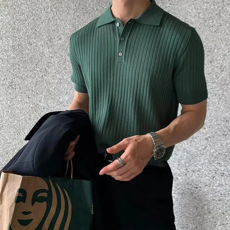 Men's lapel polo shirt, short sleeve, striped, cotton blend, slim fit, summer casual top in black, dark green or brown