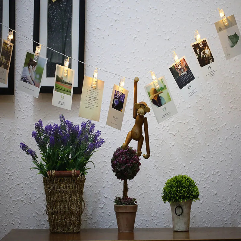 LED decorative light string with white heart-shaped clips spaced along its length, illuminated with warm white LEDs.