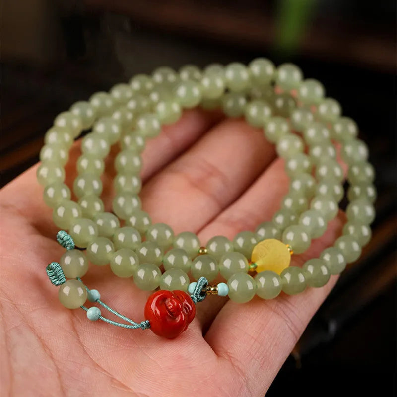 Pale blue Hetian jade bracelet with 6mm beads in three-circle adjustable design