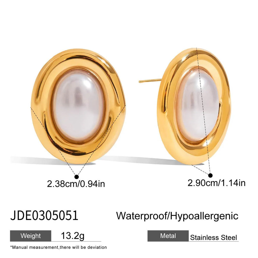 A pair of stainless steel stud earrings with a small vintage-style pearl drop and a non-fade electroplated finish.