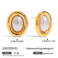 A pair of stainless steel stud earrings with a small vintage-style pearl drop and a non-fade electroplated finish.