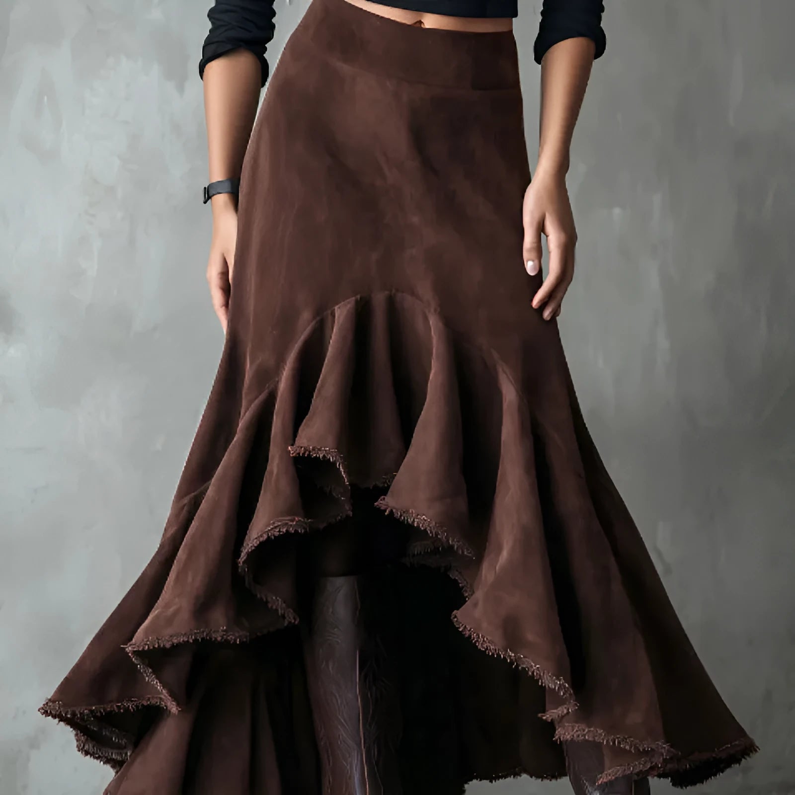 Brown Western-style maxi skirt with high-low hem and ruffle detailing