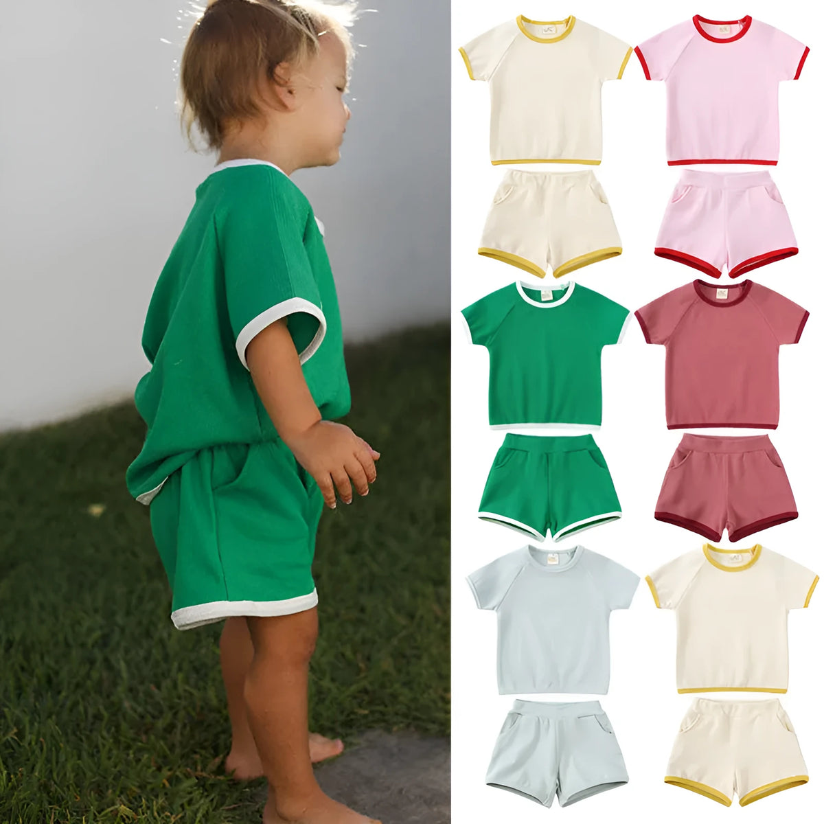 Children's cotton short sleeve shirt and shorts set in solid colour, summer two-piece outfit with pullover top.