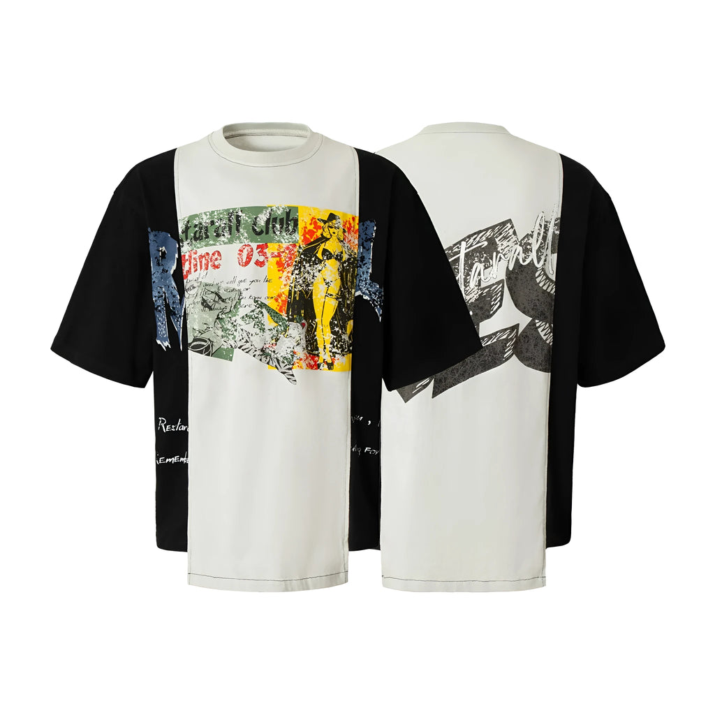 Black and white deconstruction printed t-shirt with loose fit and short sleeves