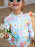 Girls' sky blue one-piece swimsuit with long sleeves and floral print, nylon fabric, sizes 100-140
