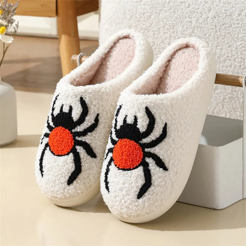 Pair of Halloween cartoon indoor slippers with spider pattern suede upper and PVC sole